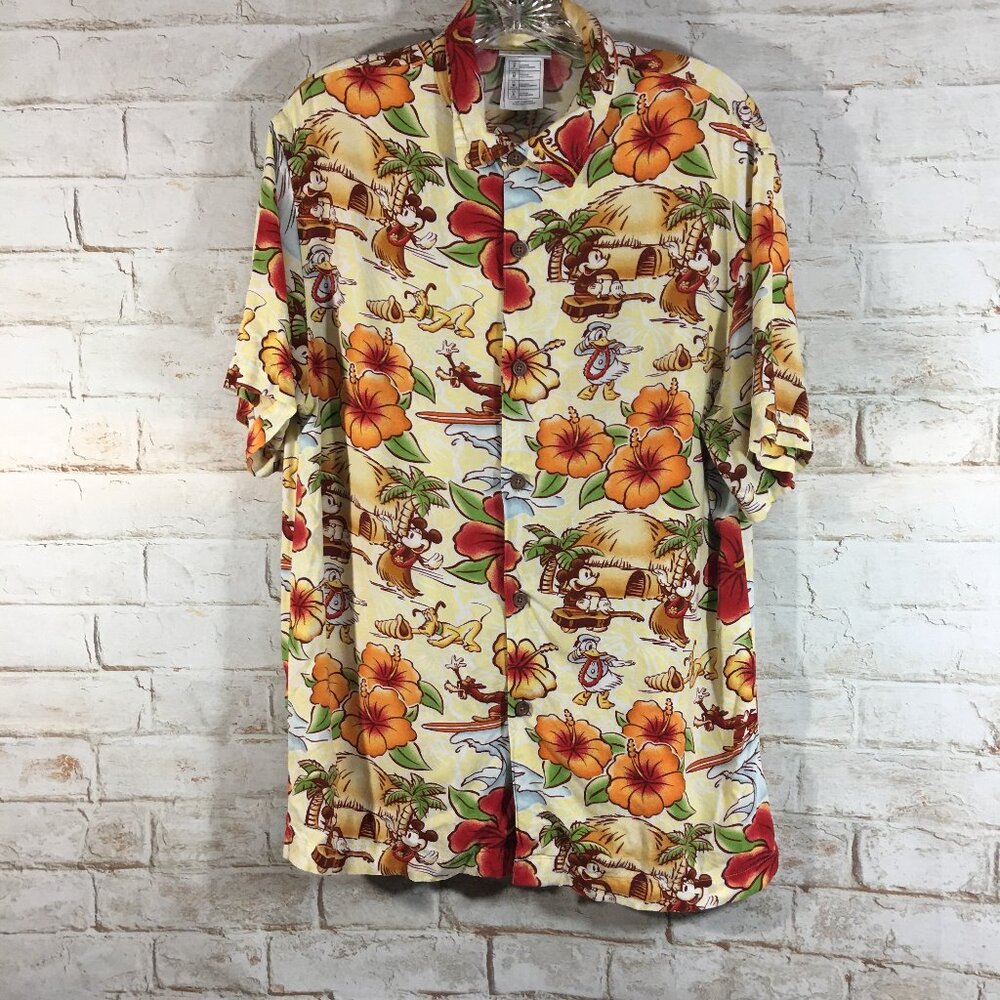 Disney Parks Unisex Size Sm Mickey Pluto Hawaiian Button Down Camp Shirt Orange